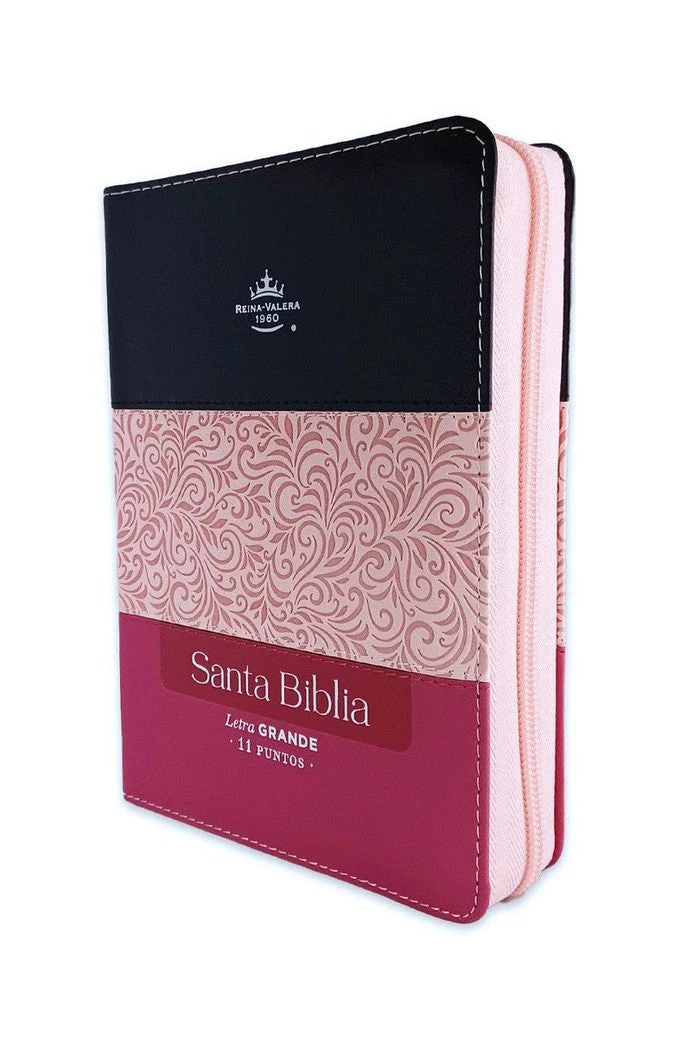 Biblia RVR 1960 Letra Grande Compacta 11 Puntos Tricolor Negro Rosa Fucsia Símil Piel con Índice y Cierre
