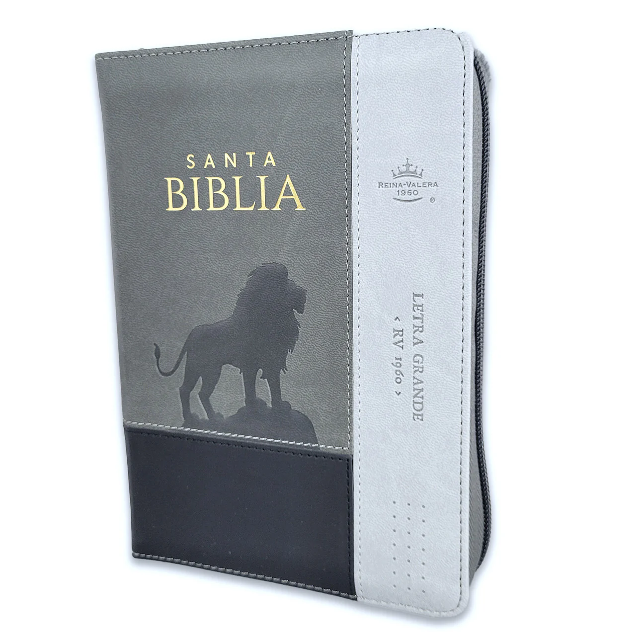 Biblia RVR 1960 Compacta Tricolor Gris León Símil Piel con Índice y Cierre