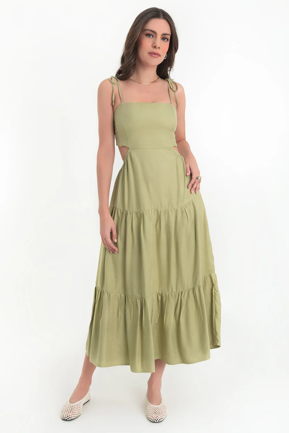 Vestido midi de lino tirantes con nudo