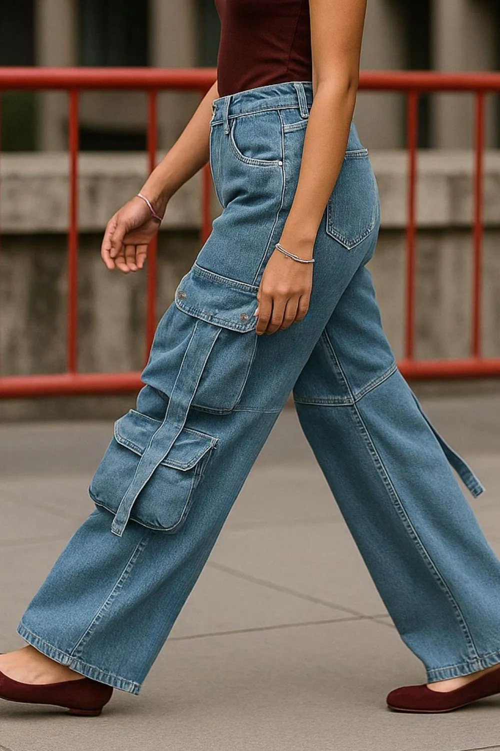 Pantalón cargo multipocket de denim fit wide leg